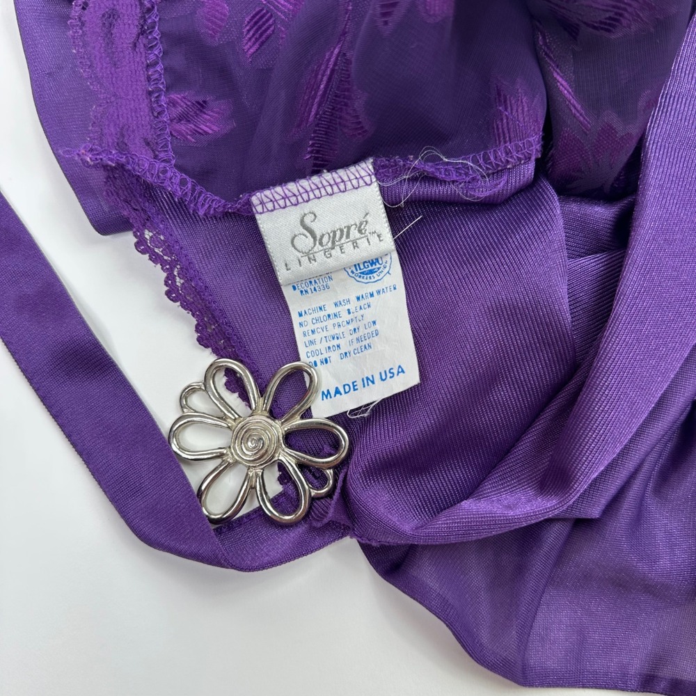 Vintage 70s Sopre Lingerie Purple Floral Lace Teddy Bodysuit Ruffle Trim Small - Picture 2 of 6